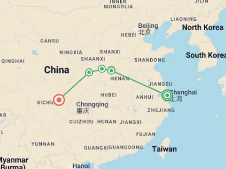 Map itinerary of China Tour in January 2027 with 4 destination visits for the trip: Classical China and Chengdu