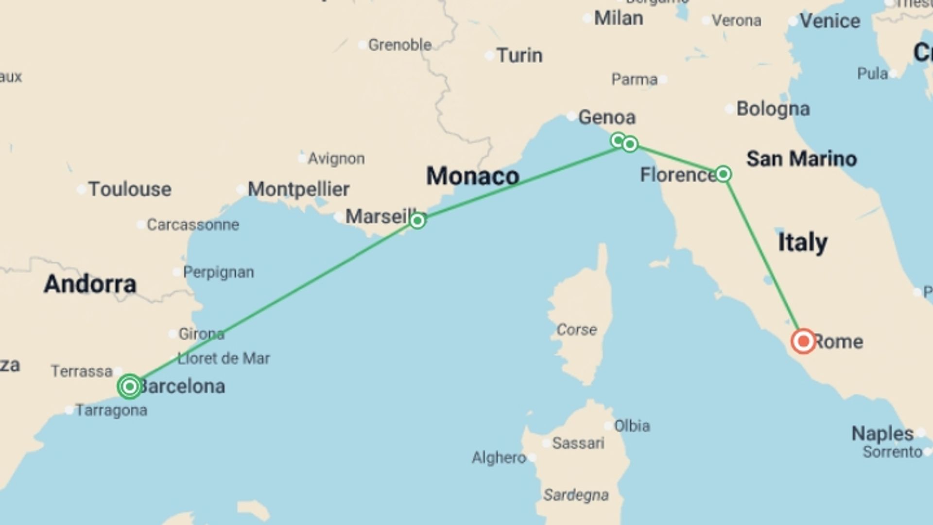 A map showing the tour itinerary for the trip: Barcelona to Rome: Mediterranean Magic, starting in Barcelona, Spain and ending in Rome, Italy going through 3 other destinations.