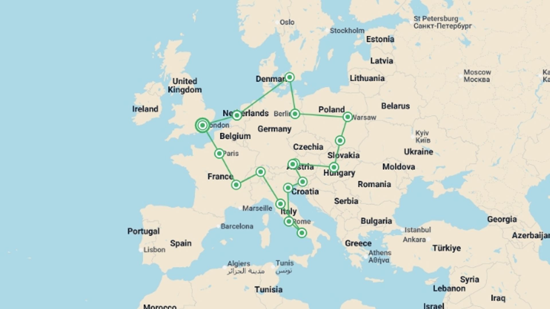 A map showing the tour itinerary for the trip: European Vistas, starting in London, England and ending in London, England going through 15 other destinations.