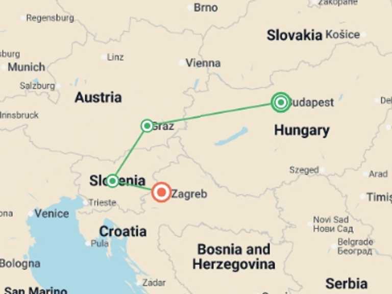 Map of Zagreb Cultural, religious and historic sites Tour with 4 destination visits for the trip: Europe Christmas Markets: Budapest to Zagreb
