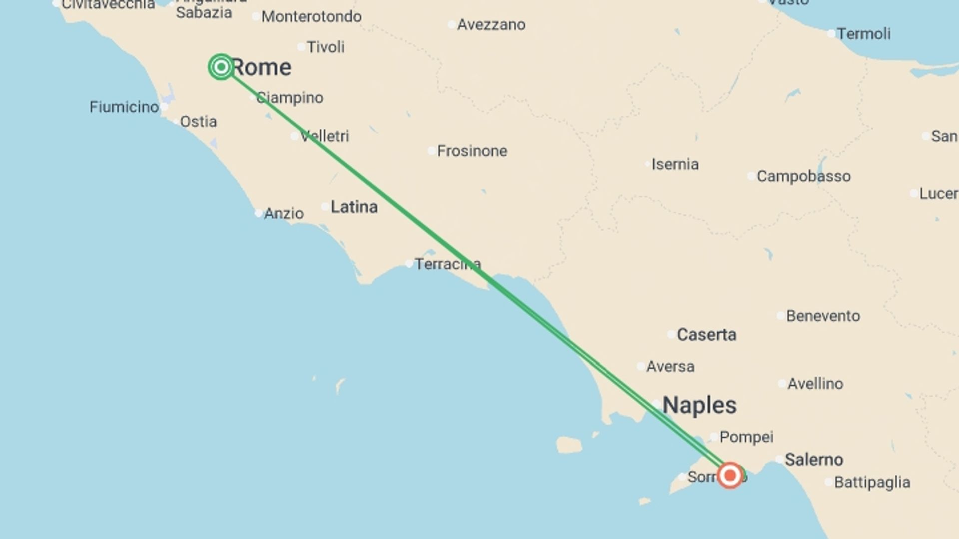 A map showing the tour itinerary for the trip: Iconic Rome and Amalfi, starting in Rome, Italy and ending in Amalfi Coast & Campania, Italy going through 1 other destinations.