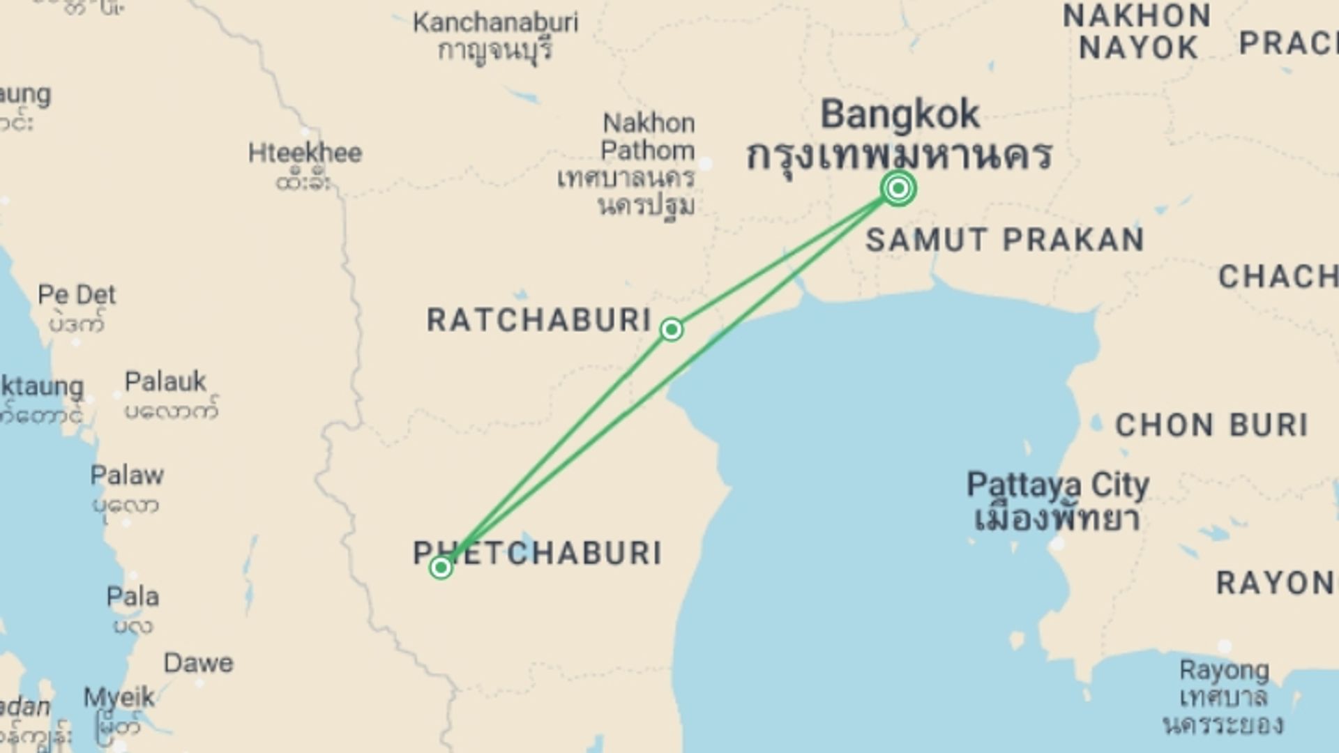 A map showing the tour itinerary for the trip: Hua Hin Explorer, starting in Bangkok, Thailand and ending in Bangkok, Thailand going through 2 other destinations.