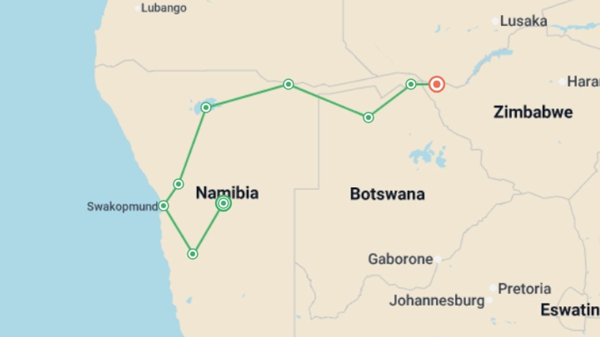 A map showing the tour itinerary for the trip: Namibia to Victoria Falls Explorer, starting in Windhoek, Namibia and ending in Victoria Falls, Zimbabwe going through 7 other destinations.