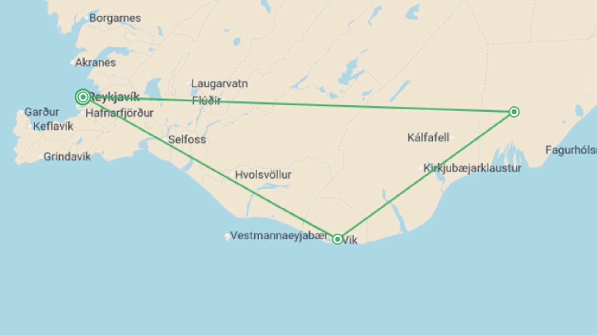 A map showing the tour itinerary for the trip: Golden Circle & South Coast Adventure 3D/2N, starting in Reykjavik, Iceland and ending in Reykjavik, Iceland going through 4 other destinations.