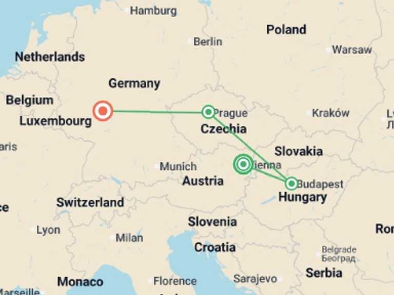 Map itinerary of Europe Tour in Fall with 4 destination visits for the trip: A Piece of Europe GO