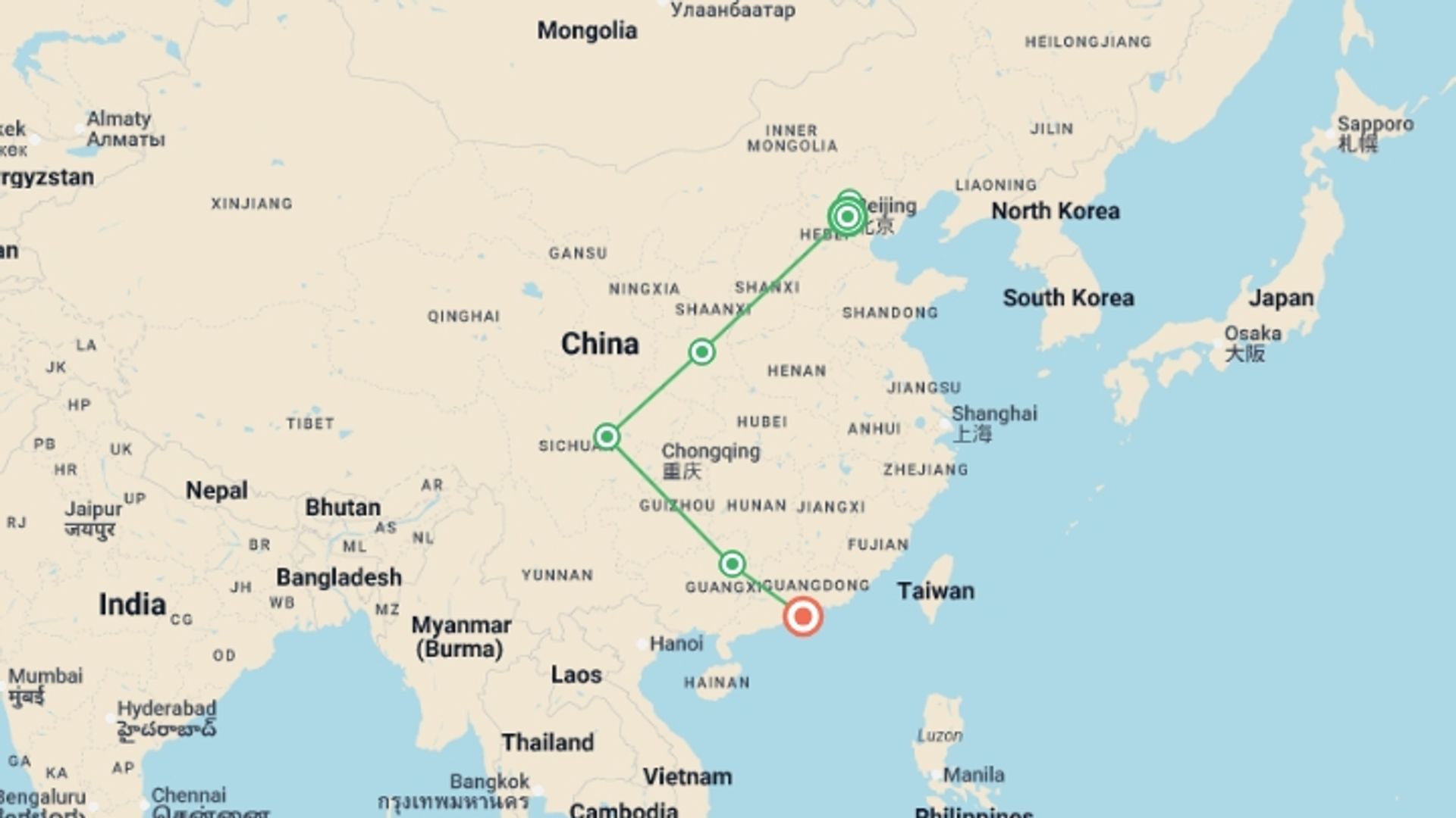 A map showing the tour itinerary for the trip: China Family Holiday, starting in Beijing, China and ending in Hong Kong, Hong Kong going through 5 other destinations.