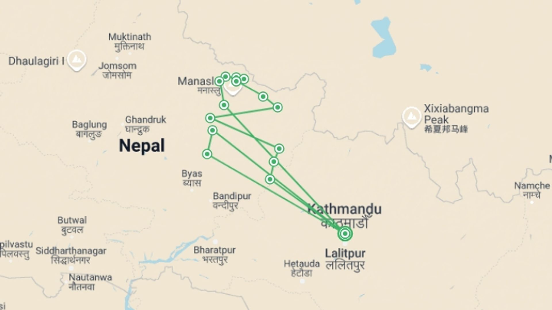 A map showing the tour itinerary for the trip: Manaslu Circuit Trek - Private Trip, starting in Kathmandu, Nepal and ending in Kathmandu, Nepal going through 14 other destinations.