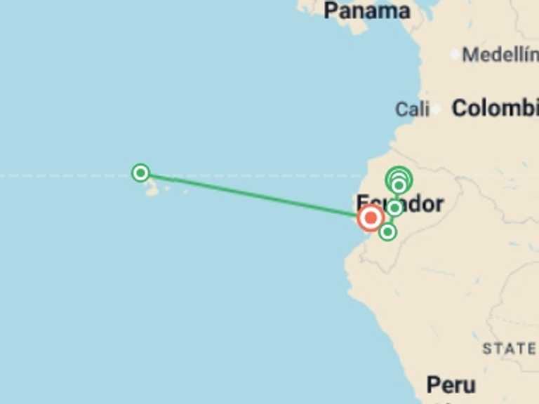 Map of 15-Day Quito Tour with 6 destination visits for the trip: Ecuador Highlands & Galapagos Islands - 15 days