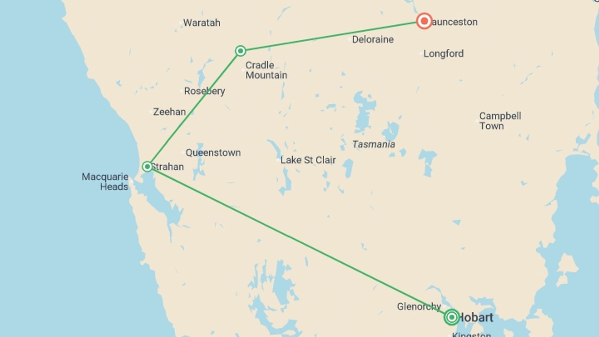 A map showing the tour itinerary for the trip: Tassie's Parks & Nature, starting in Hobart, Australia and ending in Launceston, Australia going through 2 other destinations.