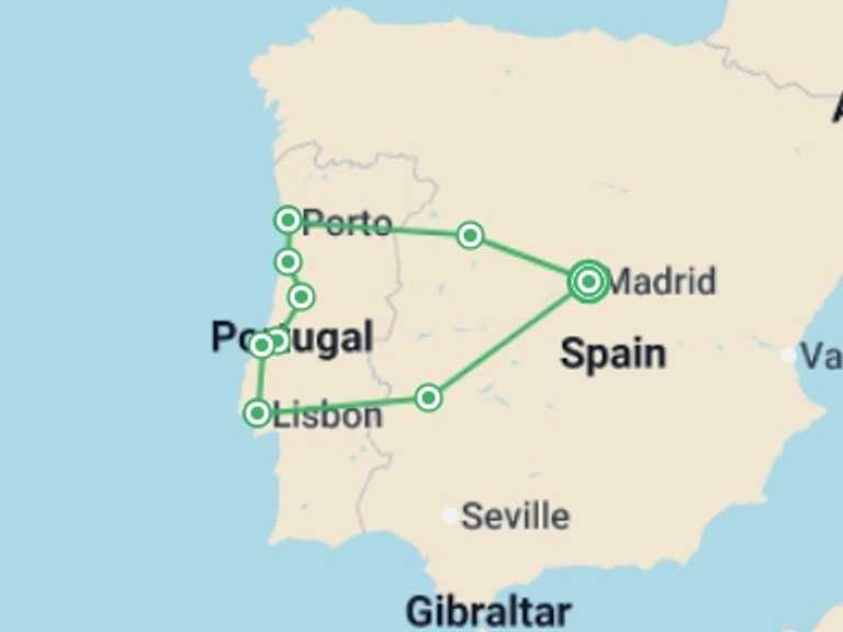 Map of Mediterranean Tour with 4 destination visits for the trip: Madrid, Porto & Lisbon - 9 days