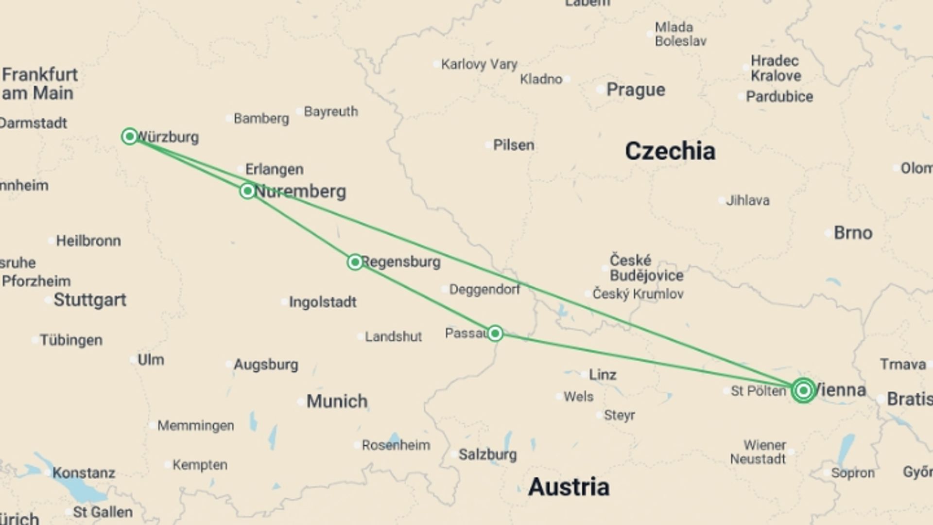 A map showing the tour itinerary for the trip: Christmas on the Danube featuring a 6-Night Danube River Cruise, starting in Vienna, Austria and ending in Vienna, Austria going through 1 other destinations.