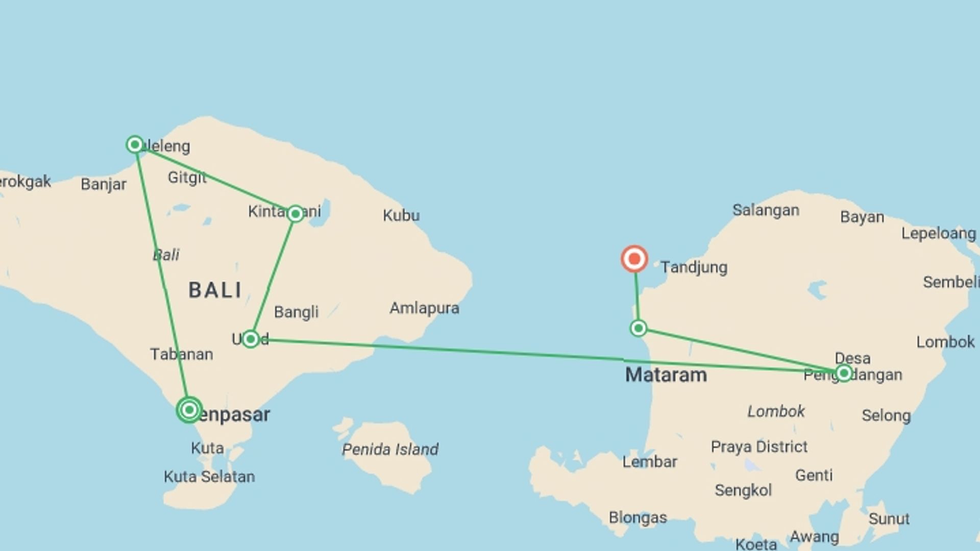 A map showing the tour itinerary for the trip: Bali to Gili: The Ultimate Island Odyssey, starting in Canggu, Indonesia and ending in Gili Trawangan, Indonesia going through 5 other destinations.