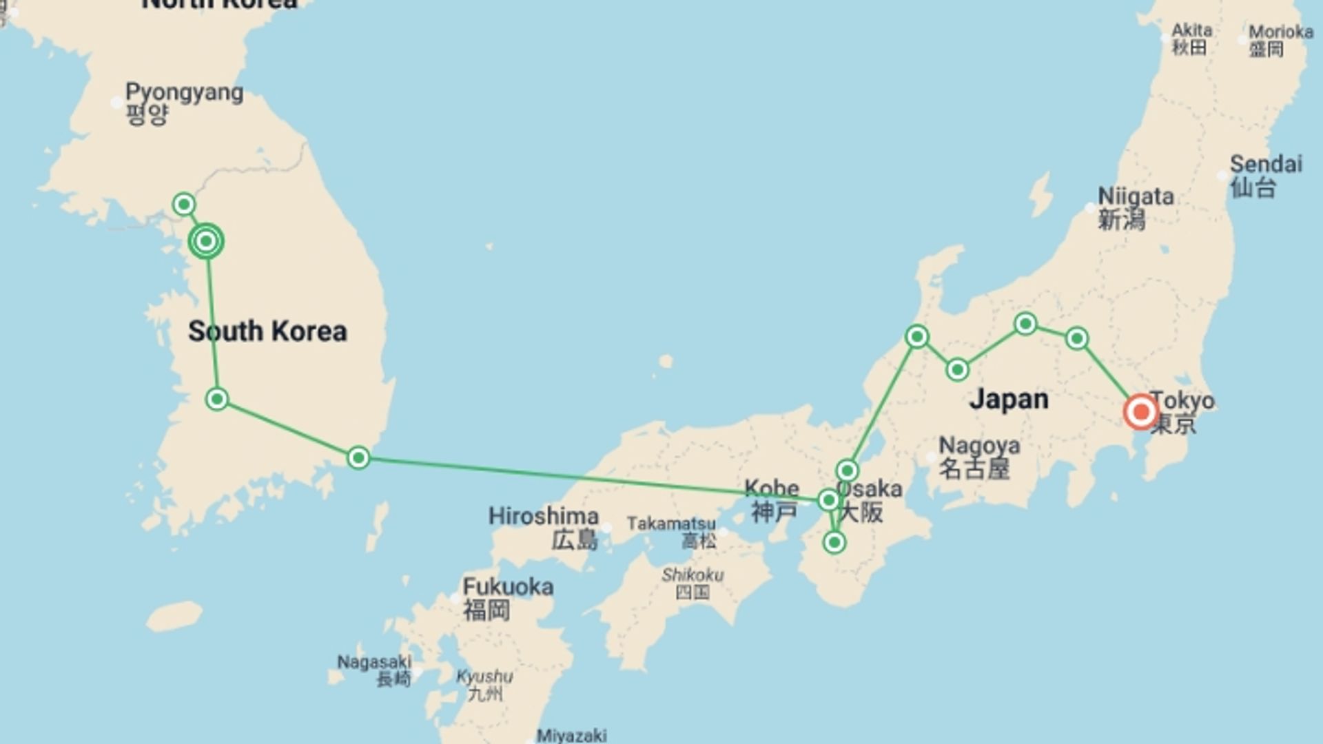 A map showing the tour itinerary for the trip: South Korea and Feudal Japan, starting in Seoul, South Korea and ending in Tokyo, Japan going through 9 other destinations.