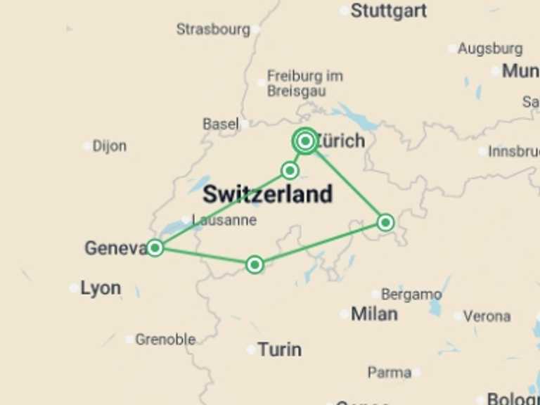 Map itinerary of Europe Tour in July 2026 with 5 destination visits for the trip: Contrasts of Switzerland