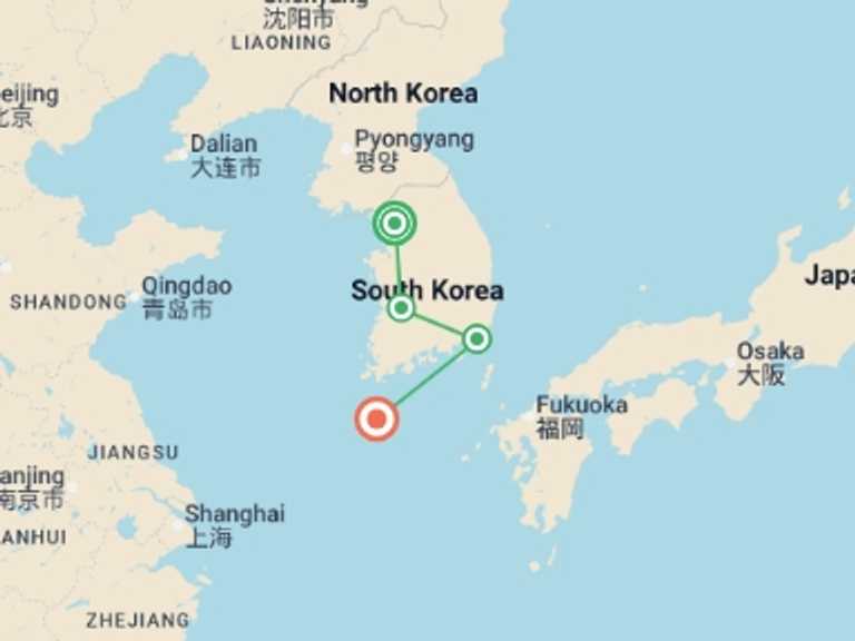 Map itinerary of South Korea Tour in December 2025 with 5 destination visits for the trip: The Essence of Korea and Jeju Island