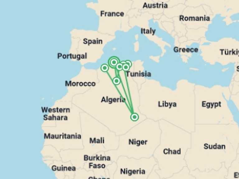Map itinerary of Africa Tour in Fall with 8 destination visits for the trip: Ancient Algeria and the Sahara Desert