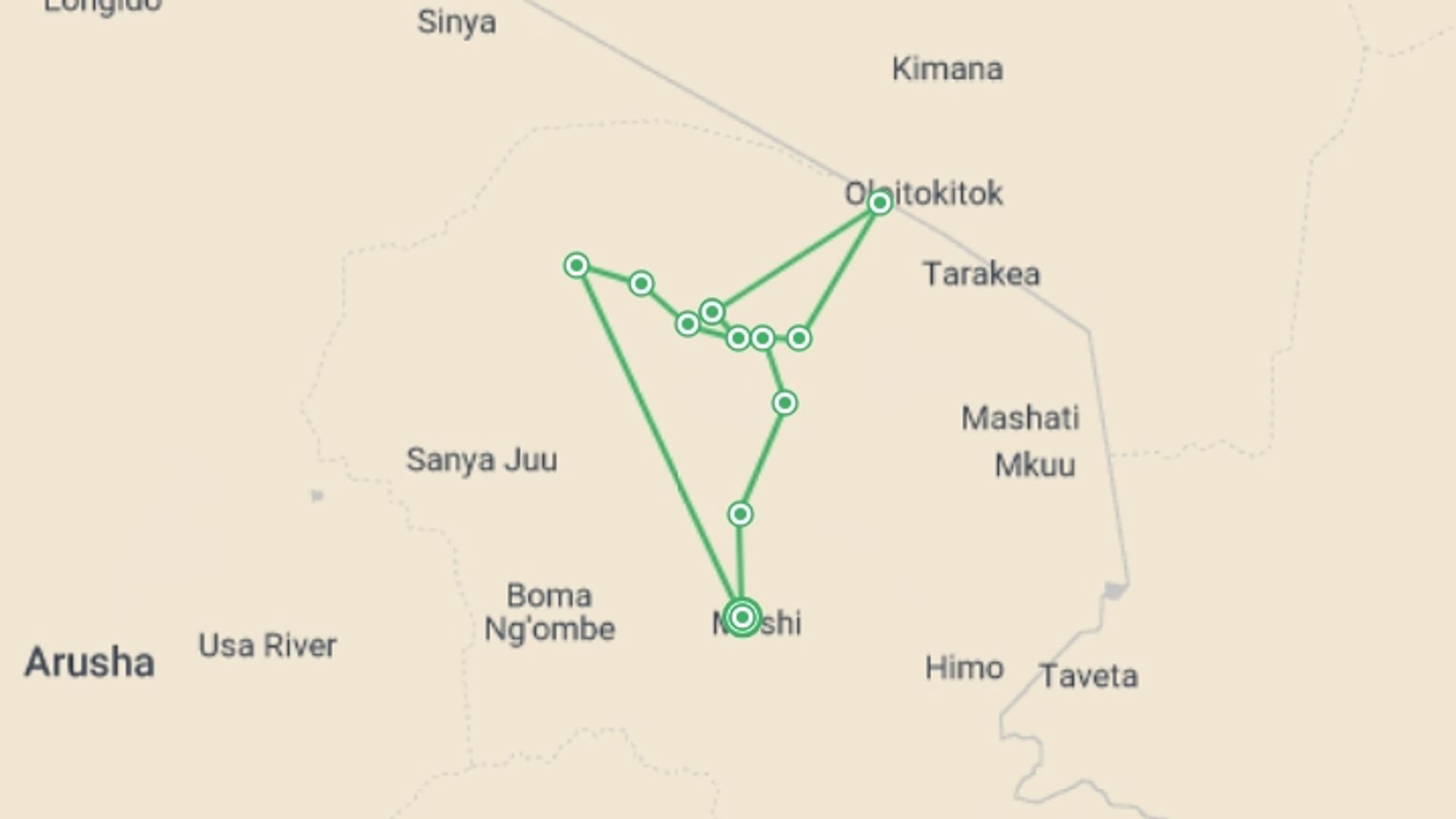 A map showing the tour itinerary for the trip: 9 Day Kilimanjaro trekking through Northen circuit route, starting in Moshi, Tanzania and ending in Moshi, Tanzania going through 10 other destinations.