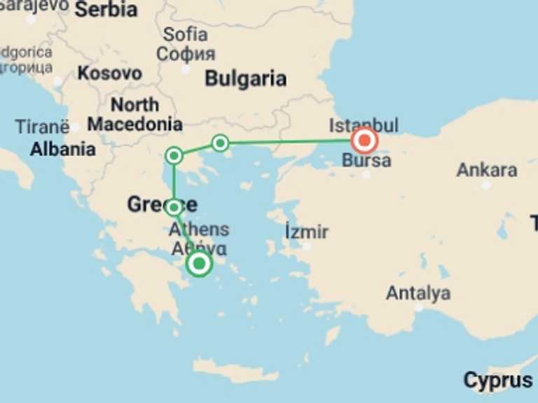 Map of 7-Day Istanbul Tour with 5 destination visits for the trip: Greece & Turkey: Athens to Istanbul Adventure