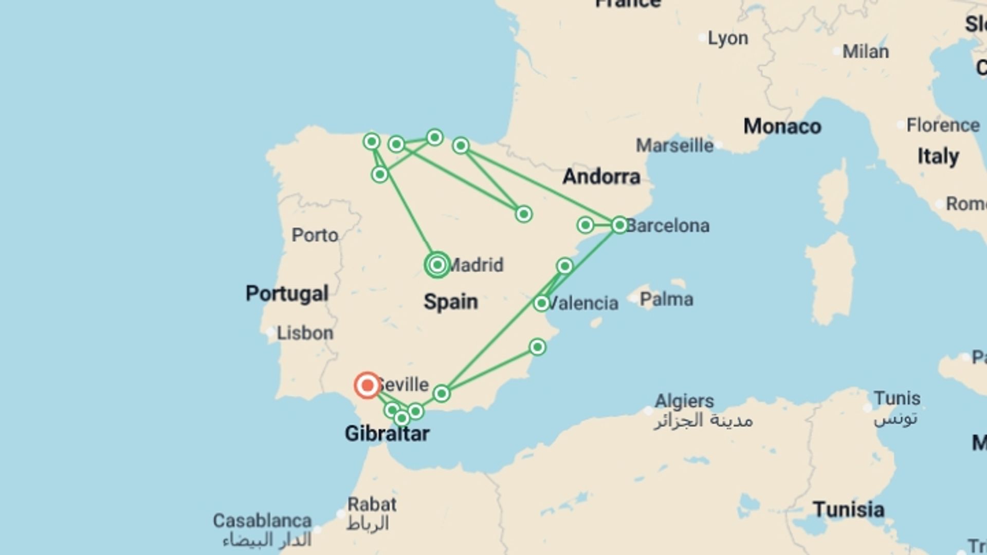 A map showing the tour itinerary for the trip: Spain From North to South, starting in Madrid, Spain and ending in Seville, Spain going through 9 other destinations.