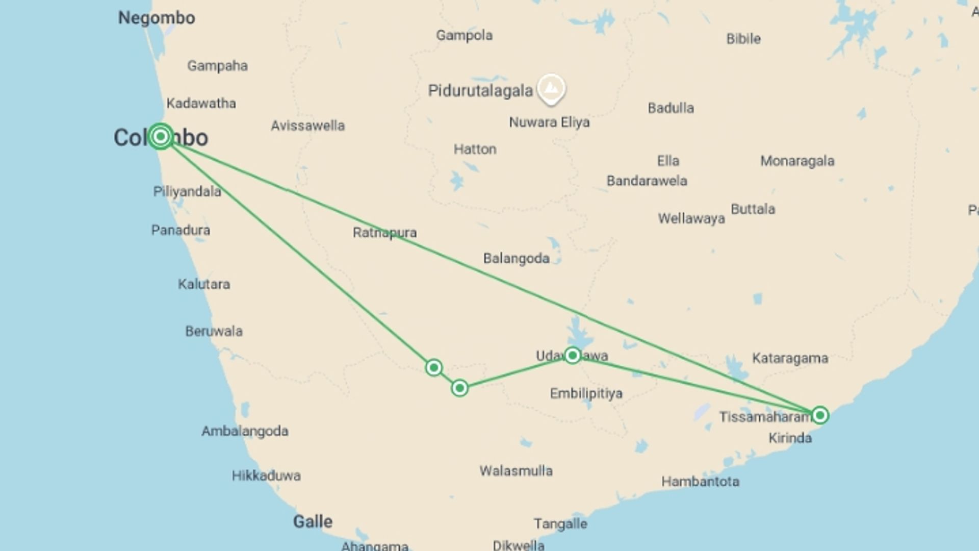 A map showing the tour itinerary for the trip: Leopards And Endemic Birds Of Sri Lanka, Private Tour, starting in Colombo, Sri Lanka and ending in Colombo, Sri Lanka going through 4 other destinations.