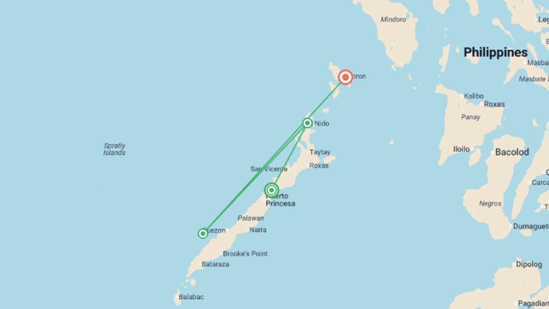 A map showing the tour itinerary for the trip: Palawan and Coron: Underground Rivers, Snorkeling & Island Hopping, starting in Puerto Princesa, Philippines and ending in Coron, Philippines going through 2 other destinations.