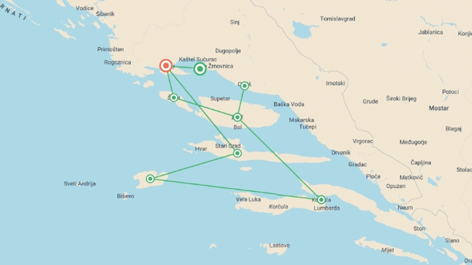 A map showing the tour itinerary for the trip: Croatia Bike & Boat - Deluxe, starting in Split, Croatia and ending in Trogir, Croatia going through 4 other destinations.