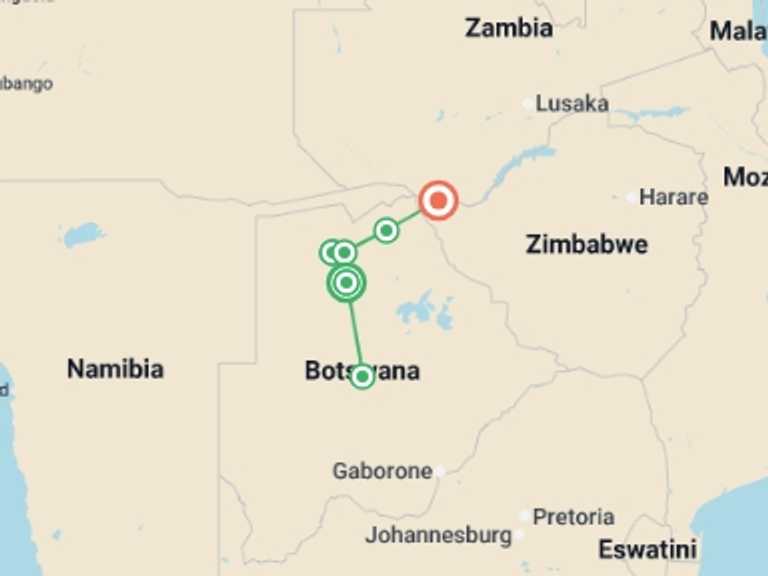 Map of a Adventure and sport Tour with 6 destination visits for the trip: Botswana Leopard Trail & Kalahari