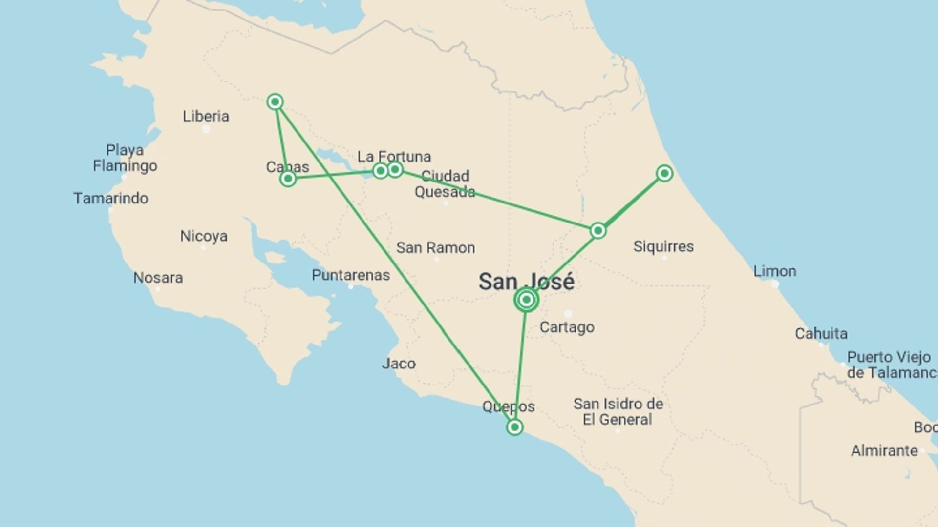 A map showing the tour itinerary for the trip: Cycle Costa Rica, starting in San Jose, Costa Rica and ending in San Jose, Costa Rica going through 7 other destinations.