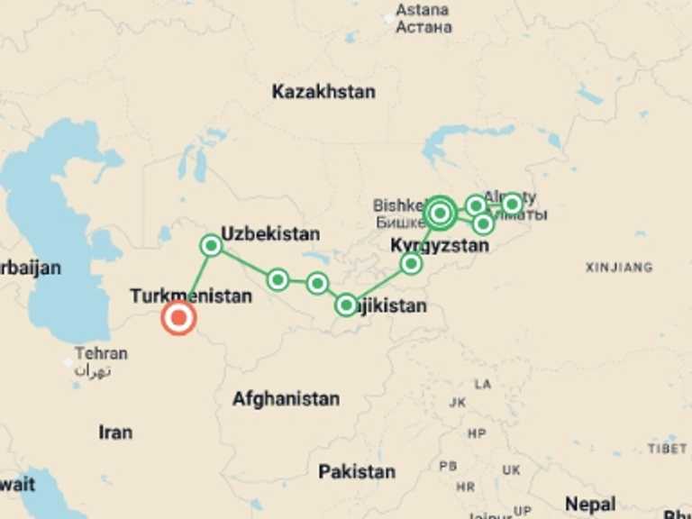 Map of Bishkek Explorer Tour with 9 destination visits for the trip: Bishkek To Ashgabat (45 Days)