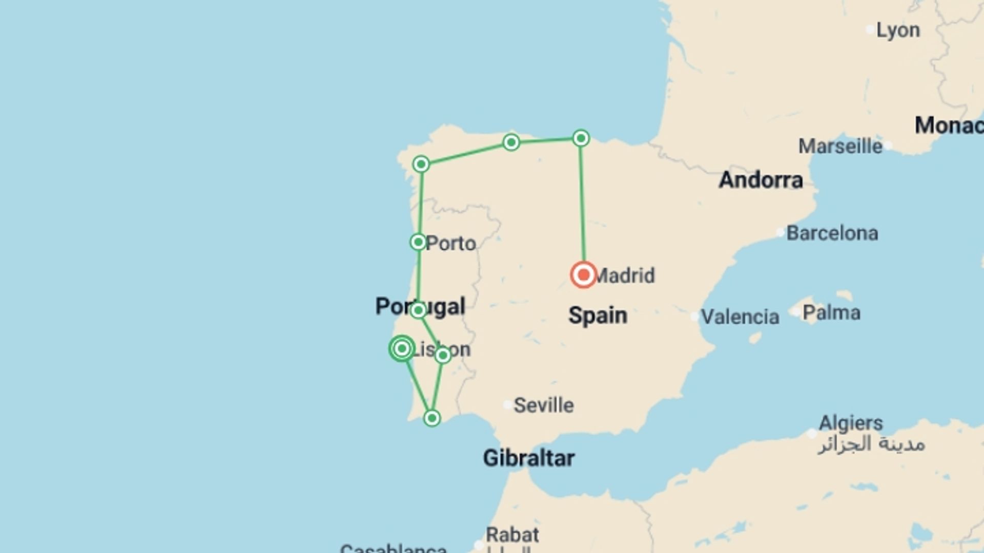 A map showing the tour itinerary for the trip: Complete Portugal and Northern Spain, starting in Lisbon, Portugal and ending in Madrid, Spain going through 7 other destinations.