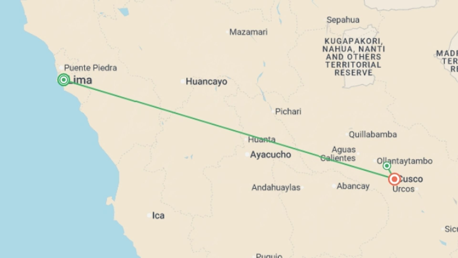 A map showing the tour itinerary for the trip: Special Peru – 6 Days: Lima, Cusco, Sacred Valley, Machu Picchu, French-speaking Guide, starting in Lima, Peru and ending in Cusco, Peru going through 1 other destinations.