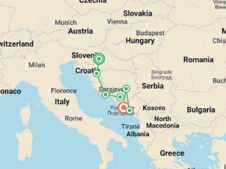 Map of Europe Cultural, religious and historic sites Tour with 5 destination visits for the trip: Balkan Delight