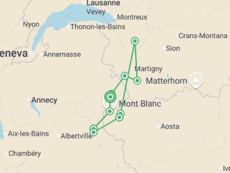 Map of 15-Day Europe Tour with 10 destination visits for the trip: Tour du Mont Blanc Hotel Trek