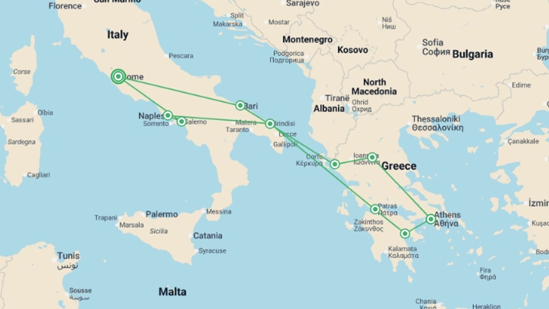 A map showing the tour itinerary for the trip: Rome, Complete Greece, Heart of Italy and Sorrento, starting in Rome, Italy and ending in Rome, Italy going through 10 other destinations.