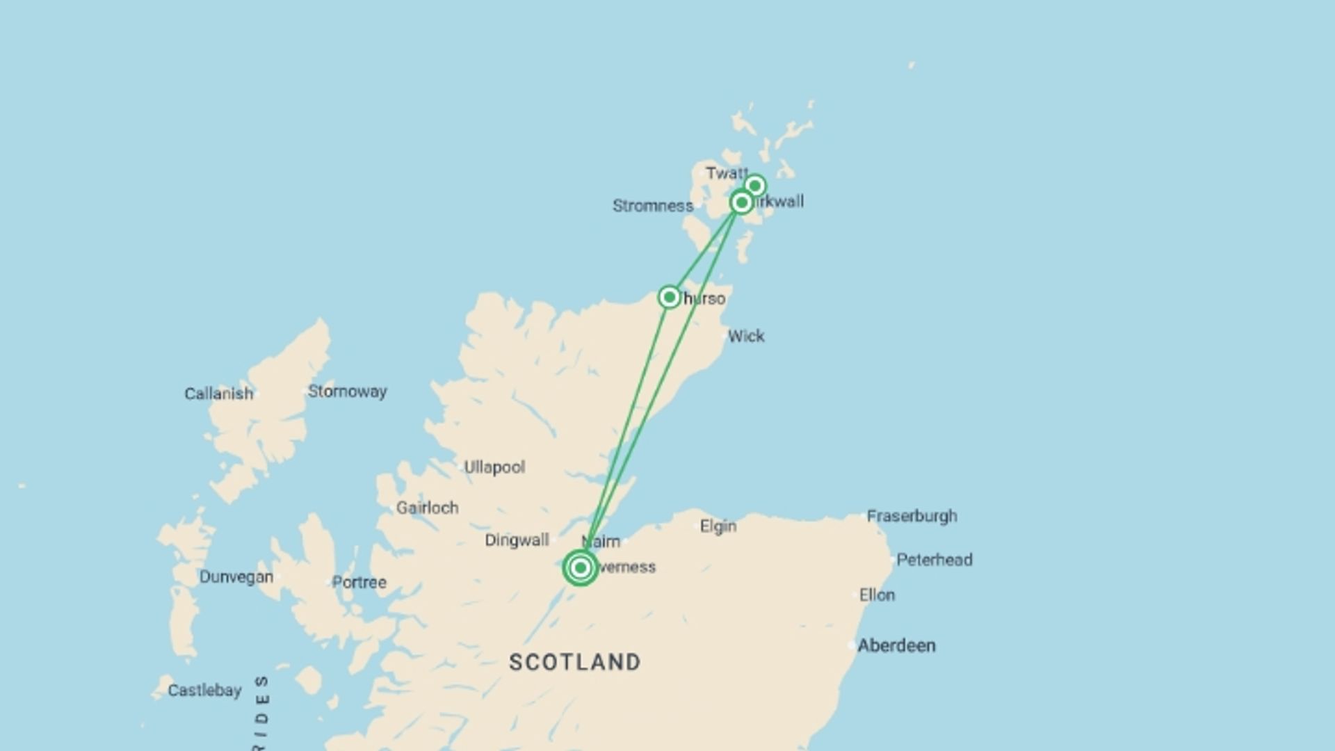 A map showing the tour itinerary for the trip: Scotland's Orkney Islands, starting in Inverness, Scotland and ending in Inverness, Scotland going through 2 other destinations.