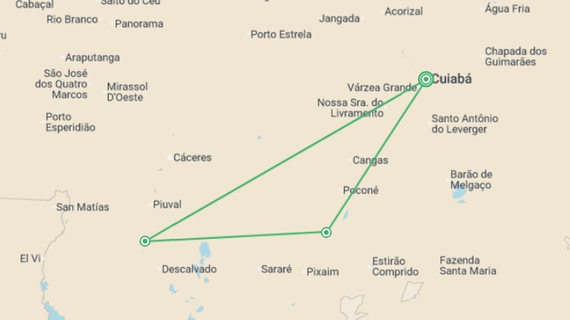 A map showing the tour itinerary for the trip: Pantanal - Land of the Jaguar, starting in Cuiaba, Brazil and ending in Cuiaba, Brazil going through 2 other destinations.