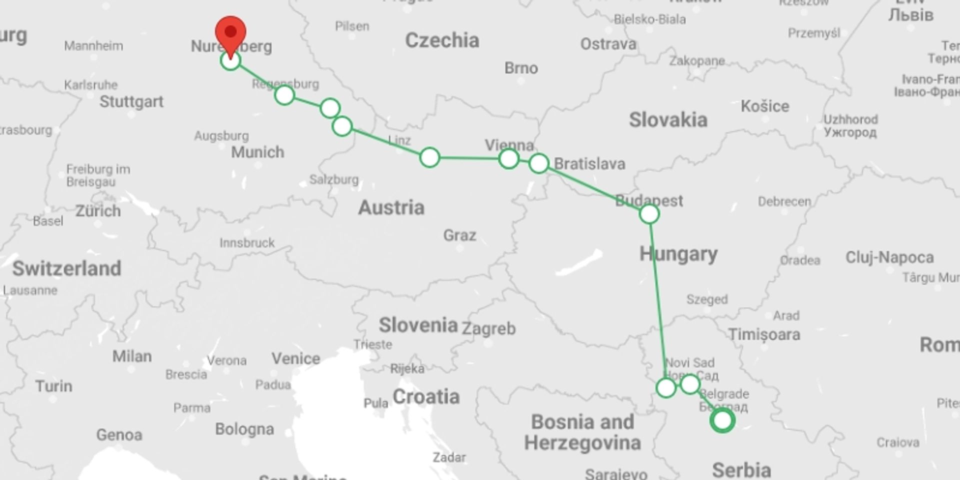 A map showing the tour itinerary for the trip: Danube Grandeur (2027), starting in Belgrade, Serbia and ending in Nuremberg, Germany going through 0 other destinations.
