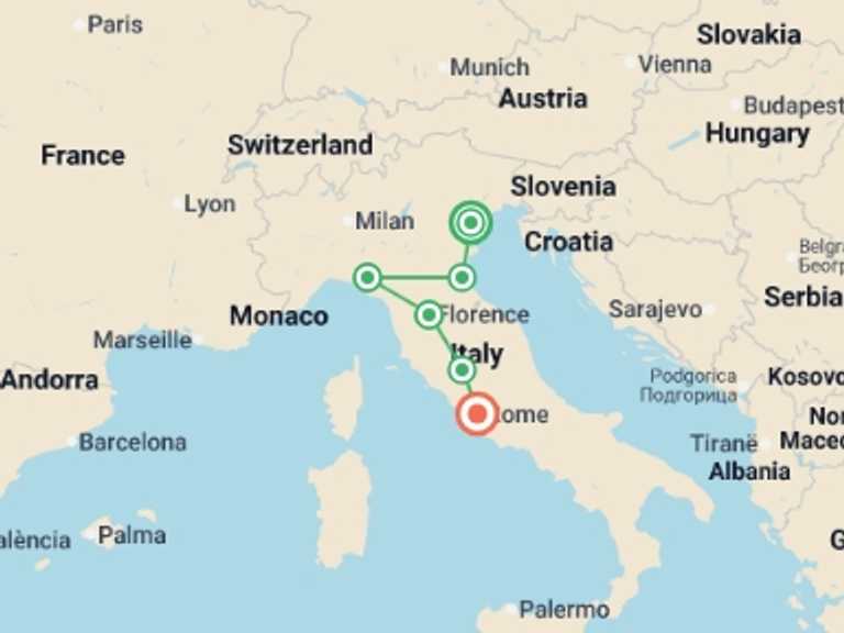 Map of Italy Tour with 5 destination visits for the trip: Best of Italy