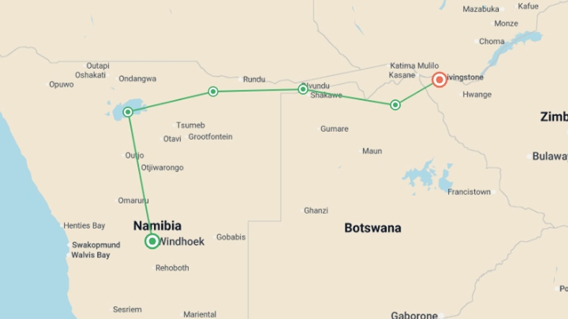 A map showing the tour itinerary for the trip: Epic Namibia Wildlife Chobe and Vic Falls, starting in Windhoek, Namibia and ending in Victoria Falls, Zimbabwe going through 4 other destinations.