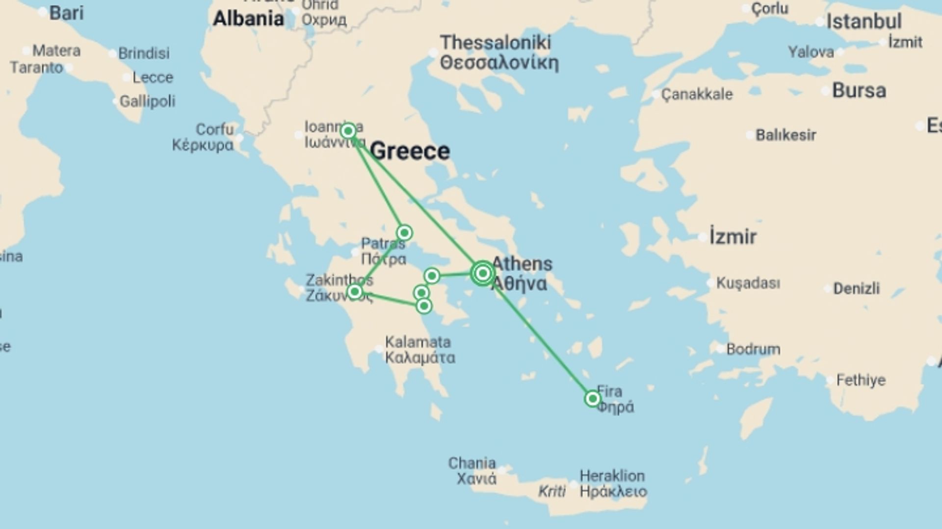 A map showing the tour itinerary for the trip: Best of Greece, starting in Athens, Greece and ending in Athens, Greece going through 4 other destinations.