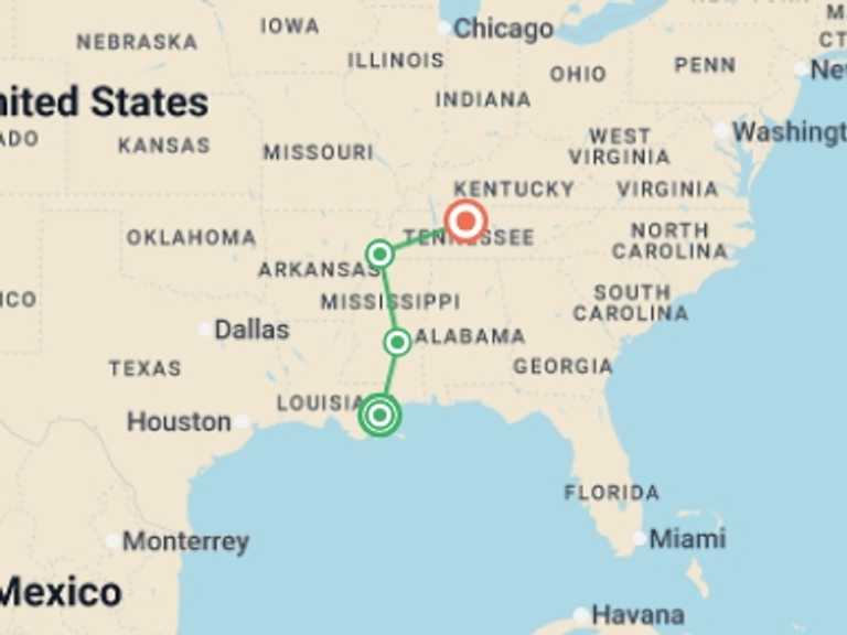 Map itinerary of North America Tour in November 2026 with 4 destination visits for the trip: America's Music Cities featuring New Orleans, Memphis & Nashville
