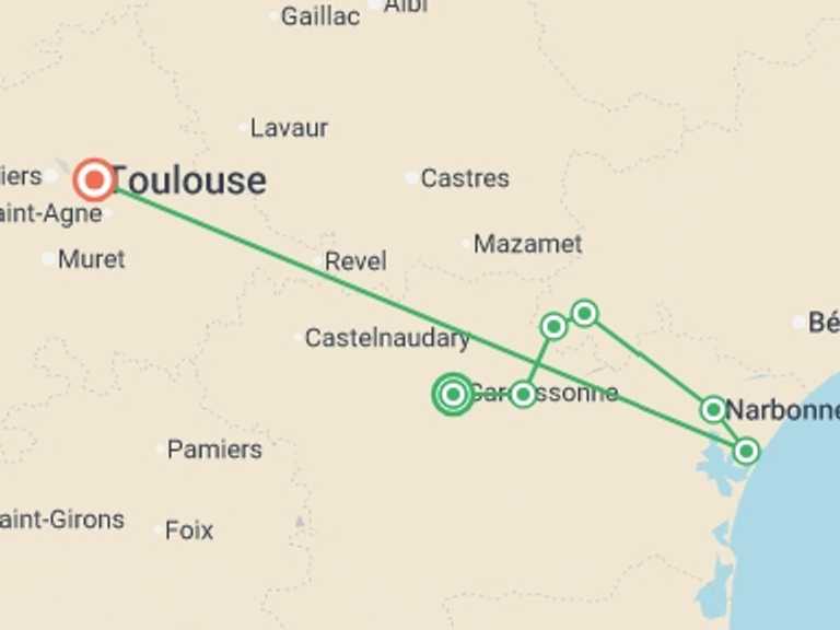 Map itinerary of Europe Tour in September 2026 with 7 destination visits for the trip: Cycling in France - Canals and Castles of the Midi