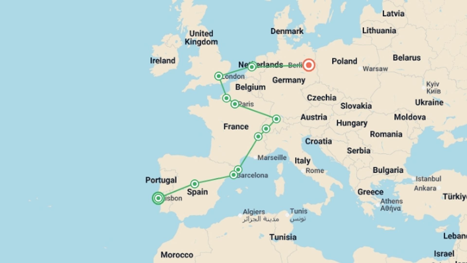 A map showing the tour itinerary for the trip: European Colours, starting in Lisbon, Portugal and ending in Berlin, Germany going through 11 other destinations.