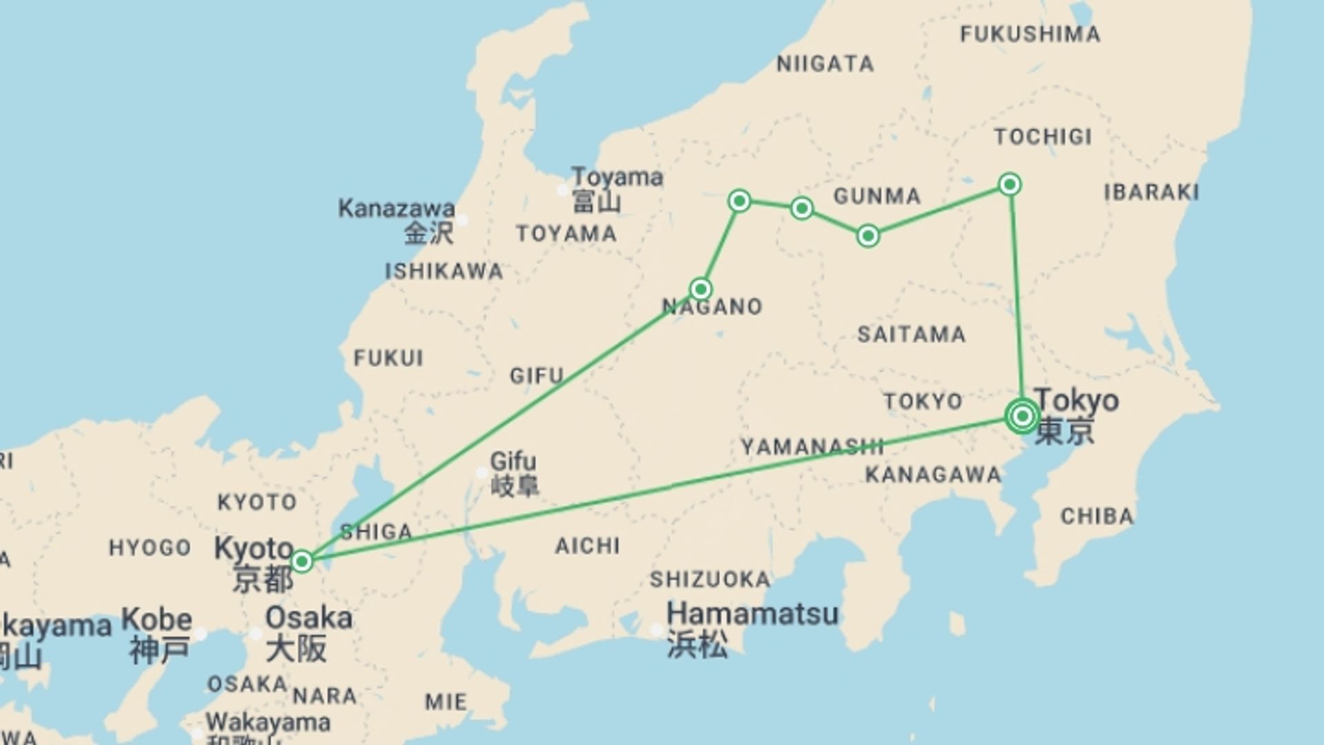 A map showing the tour itinerary for the trip: Tokyo, Kyoto and Alps, starting in Tokyo, Japan and ending in Tokyo, Japan going through 3 other destinations.