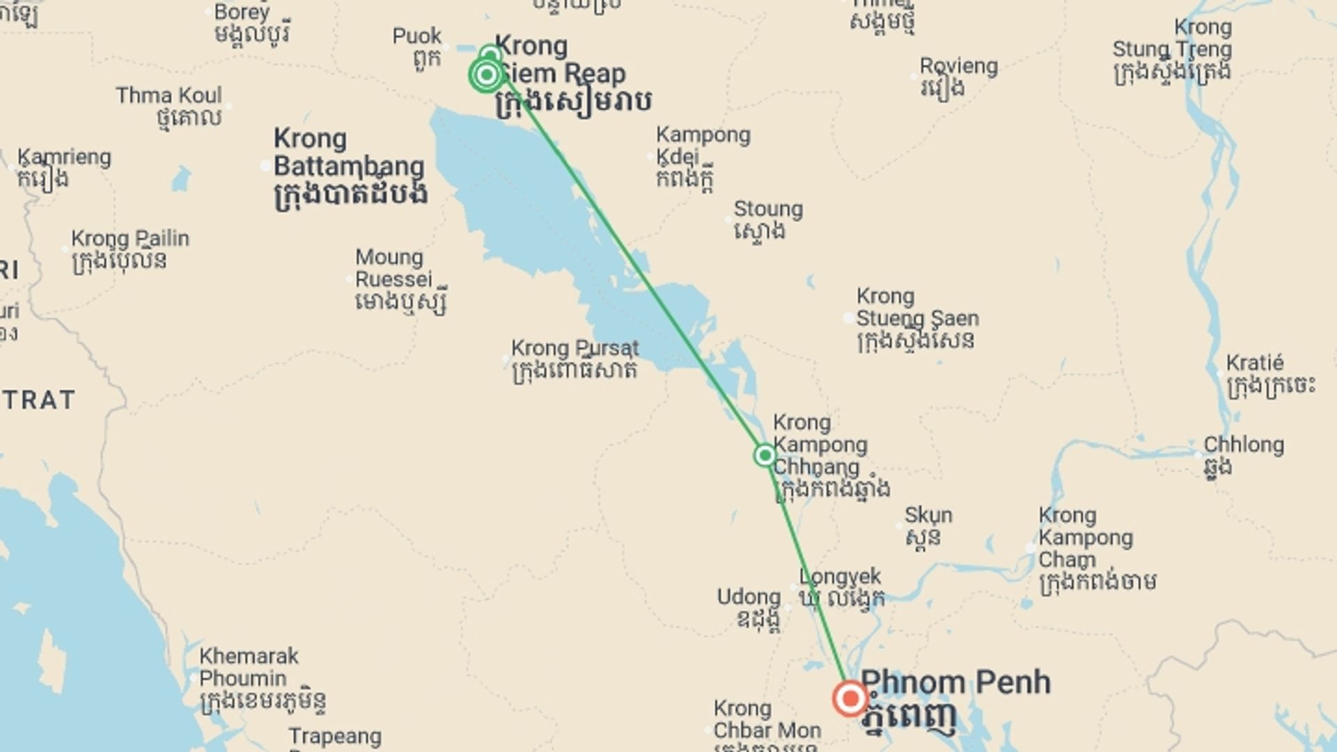 A map showing the tour itinerary for the trip: Upgraded - Highlights of Cambodia, starting in Siem Reap, Cambodia and ending in Phnom Penh, Cambodia going through 2 other destinations.