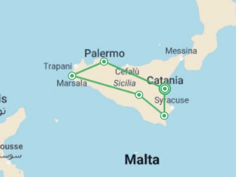 Map of Italy Tour with 6 destination visits for the trip: Classical Sicily - 8 Days