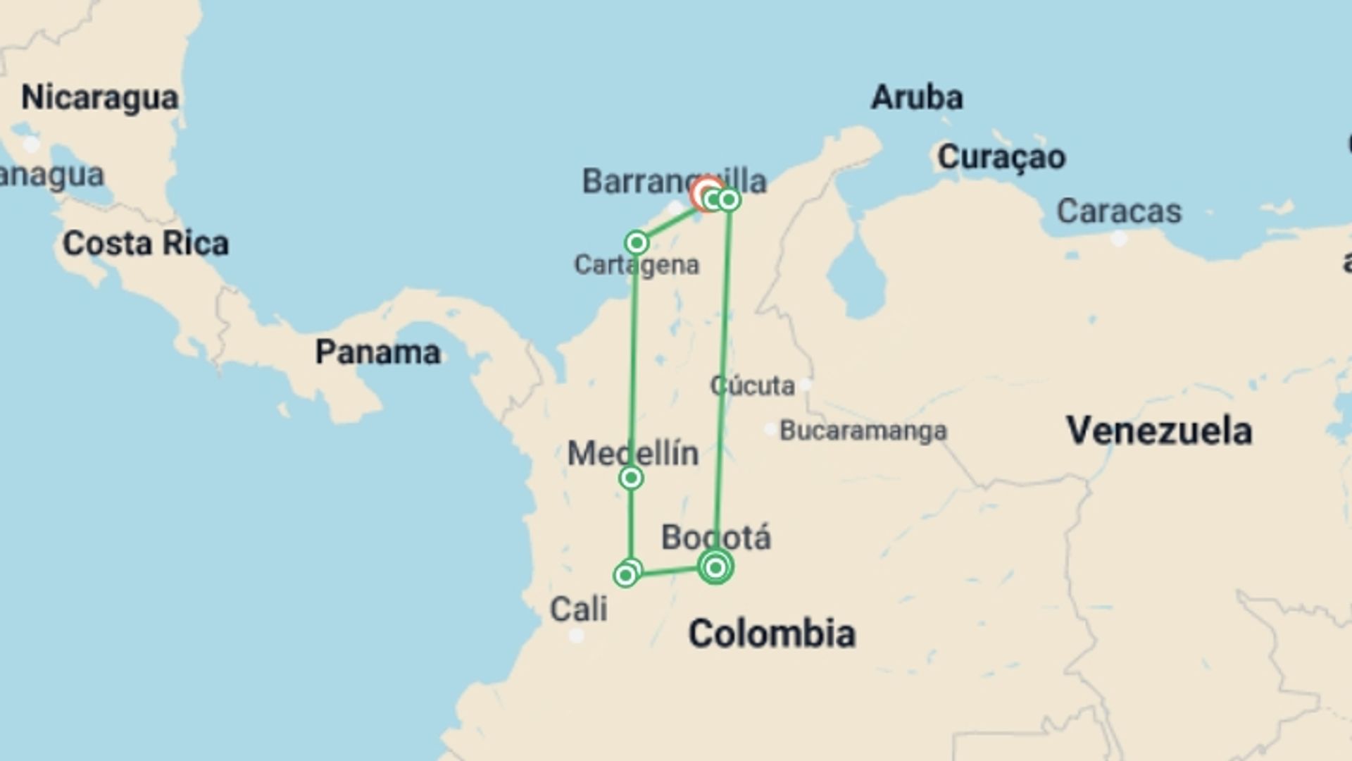 A map showing the tour itinerary for the trip: Colombian Culture, Caribbean & Lost City, starting in Bogota, Colombia and ending in Santa Marta, Colombia going through 10 other destinations.