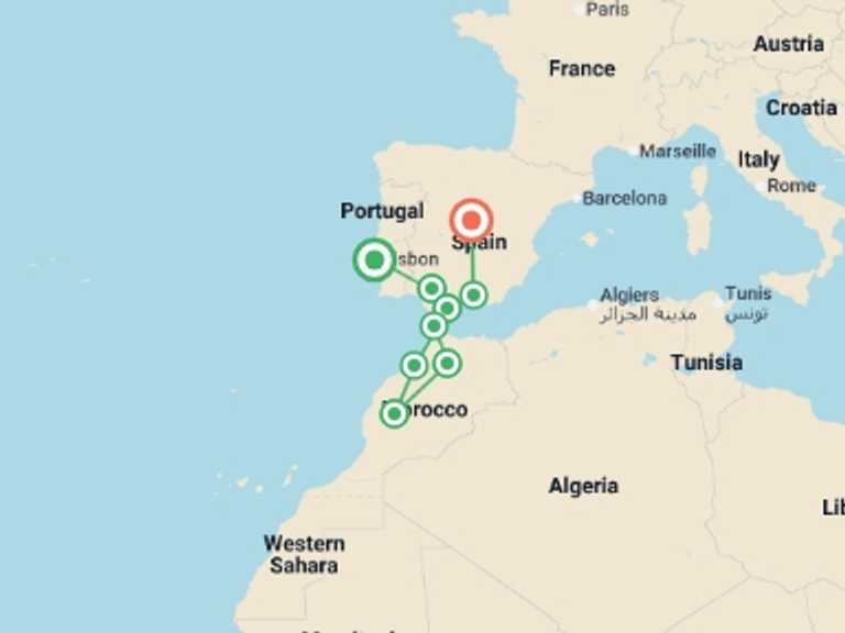 Map of Europe Tour with 9 destination visits for the trip: Lisbon, Andalucia & Marrakech - 12 days