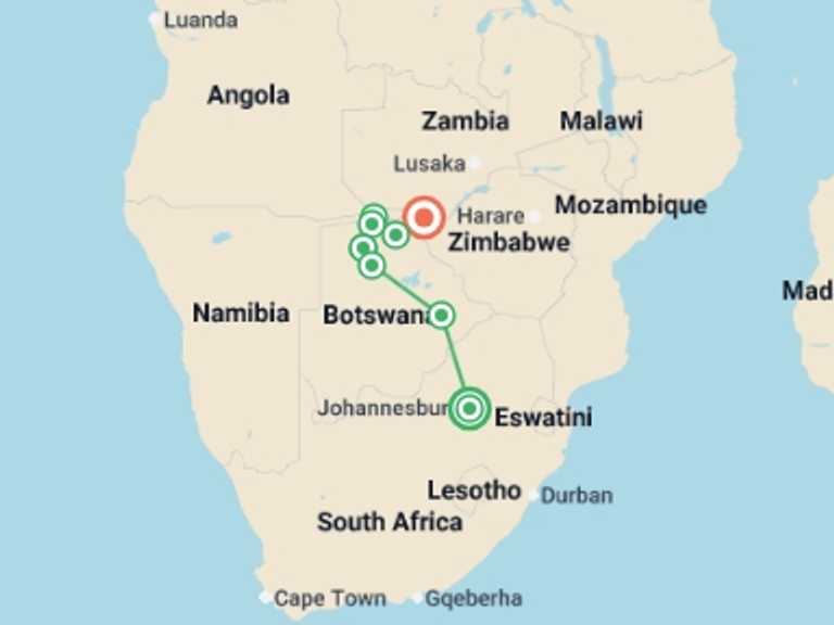 Map itinerary of Africa Tour in December 2025 with 8 destination visits for the trip: Essential Botswana