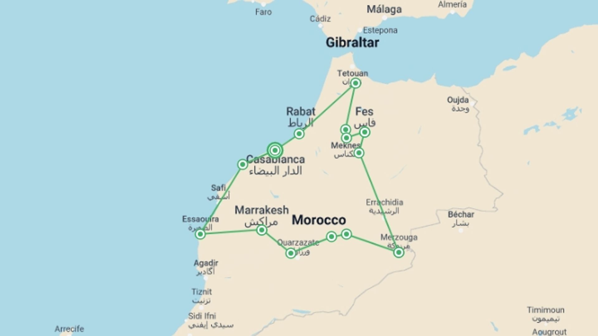 A map showing the tour itinerary for the trip: 10 Days Morocco Imperial Tour And Desert From Casablanca, starting in Casablanca, Morocco and ending in Casablanca, Morocco going through 11 other destinations.